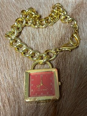 Joy & Iman Gold Chunky Chain Necklace with Red Square Watch Pendant